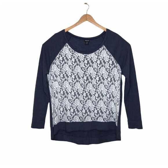 Torrid Womens Size 1 US 1X Lace Overlay Top Hi Lo Blue Raglan Sleeve‎  Stretch - Picture 1 of 8